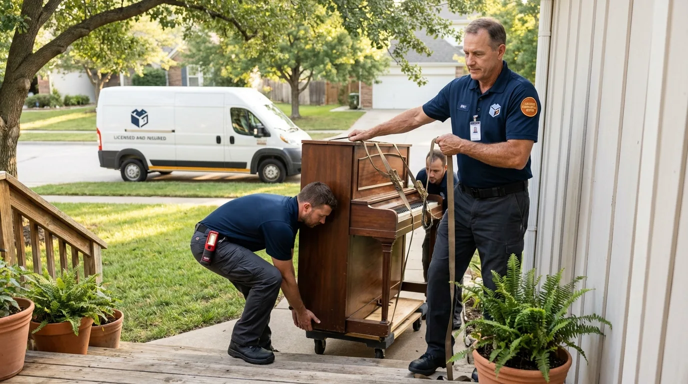 Licensed piano movers securing grand piano in Junction City, OR