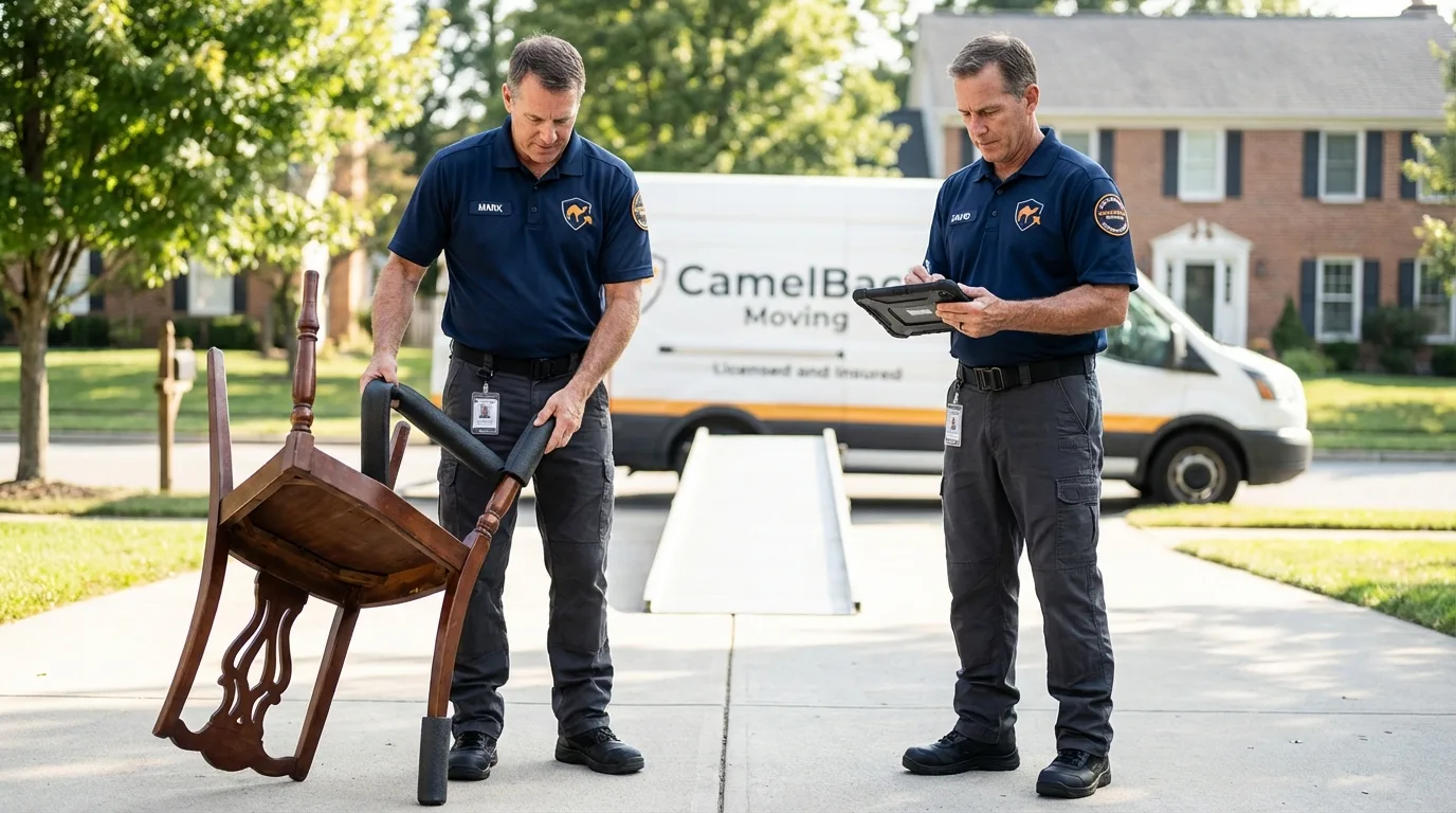 Movers inspecting furniture for damage prevention before loading in Junction City, OR