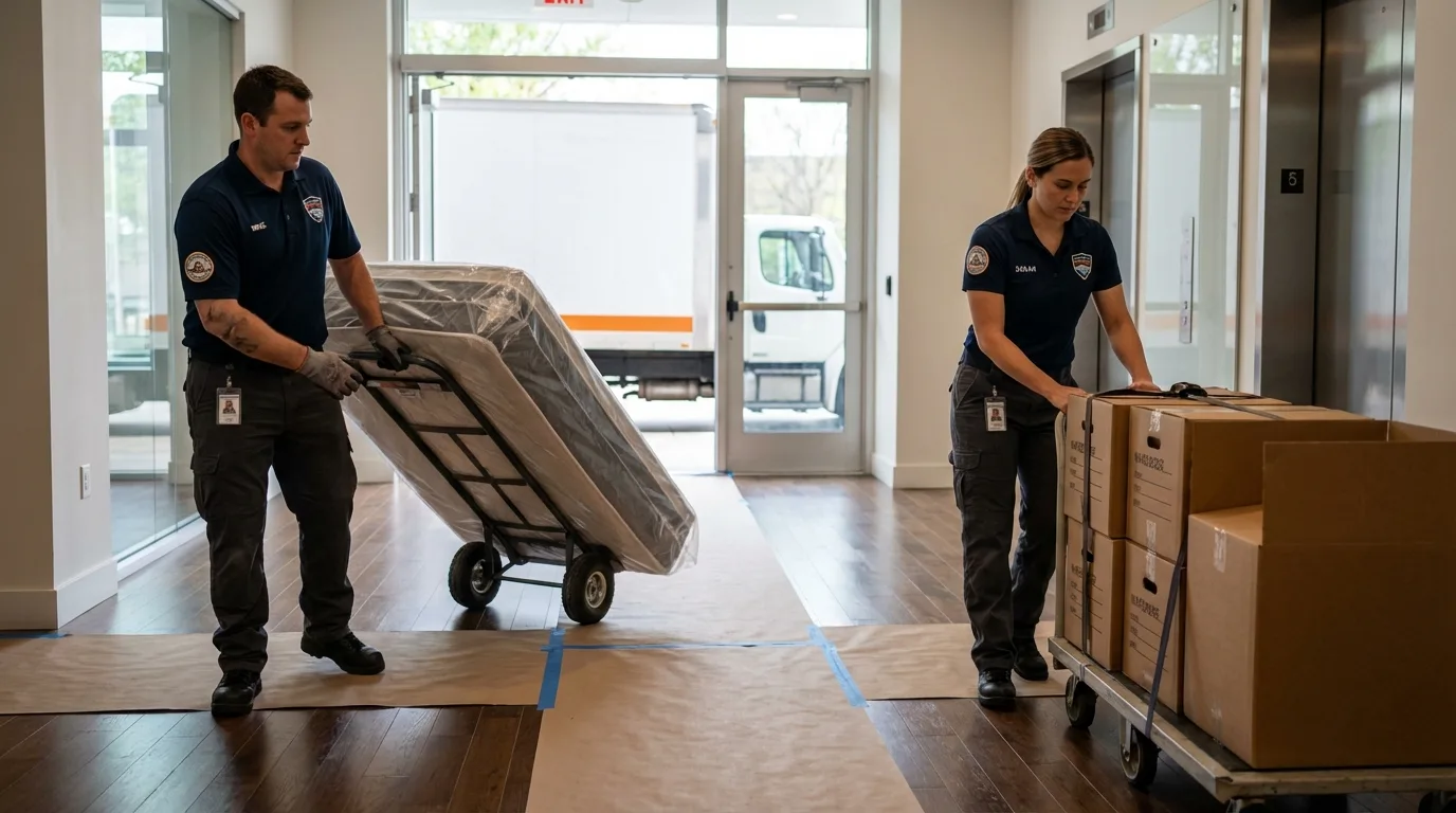 Professional apartment movers loading elevator in Junction City, OR